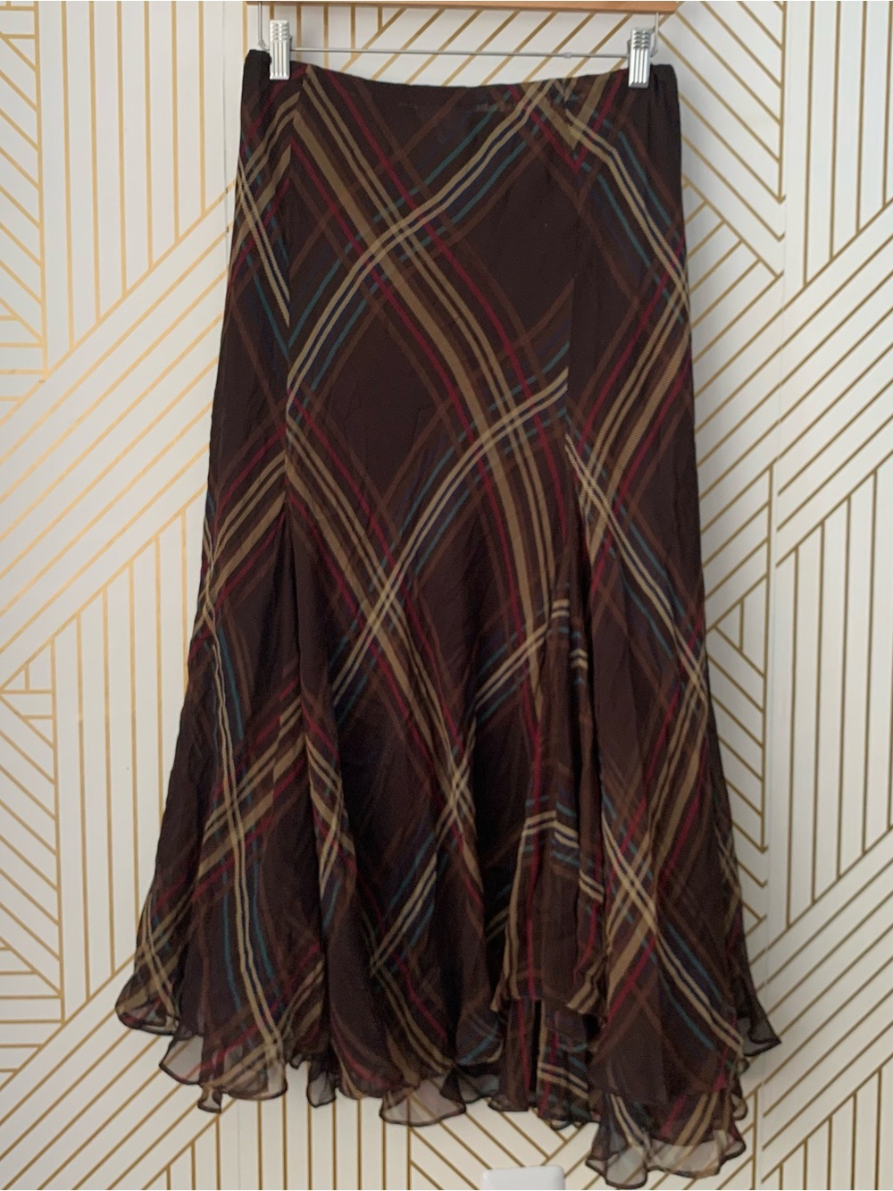 Winter Silks 100% Silk bias cut plaid tartan gypsy boho Renfair Flowy midi skirt - Picture 9 of 13